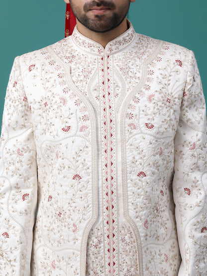 Elegant Ivory Front Panel Hand Embroideried Groom Sherwani