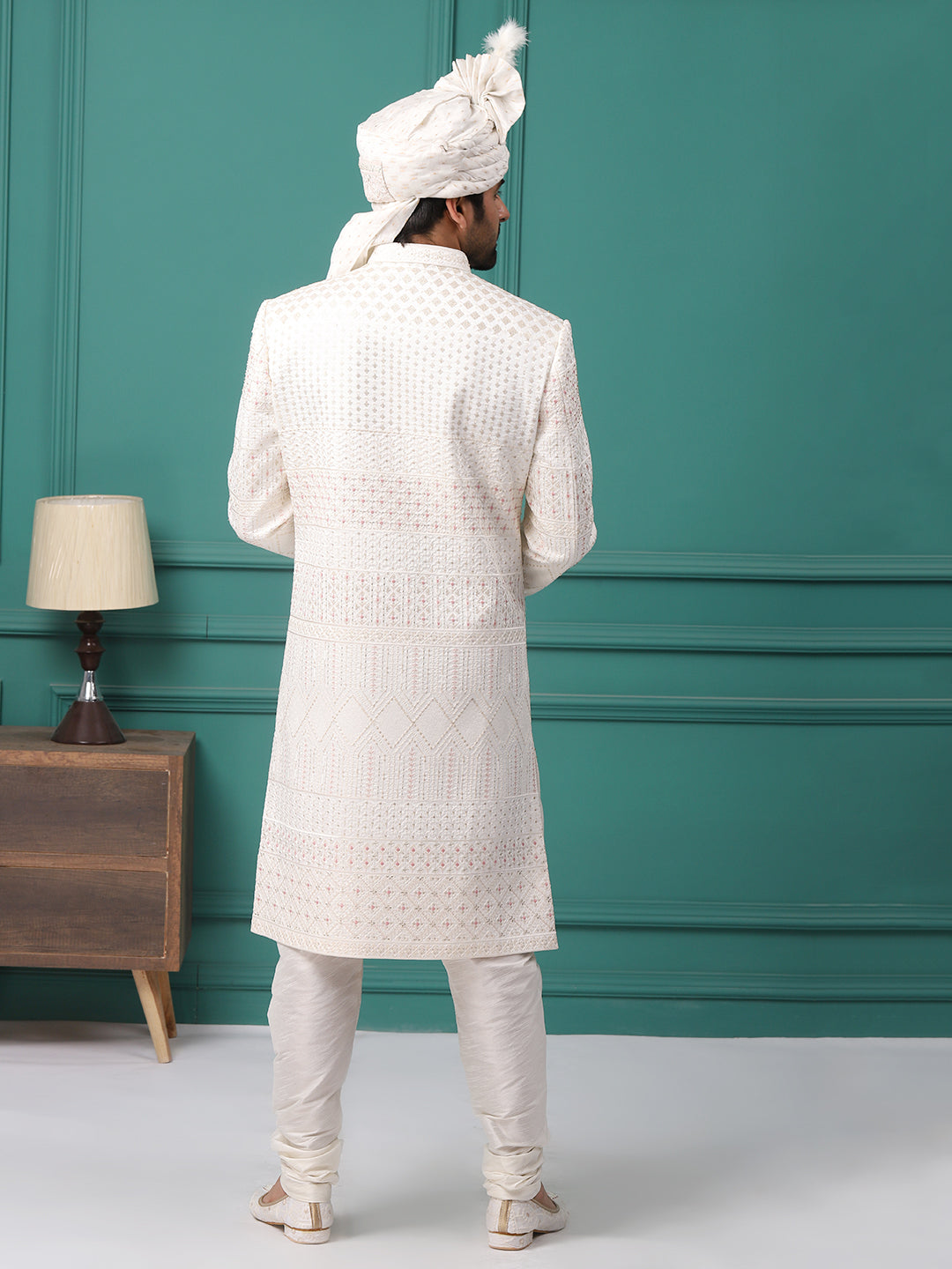 Embellished Peach Pink Work Ivory Groom Sherwani