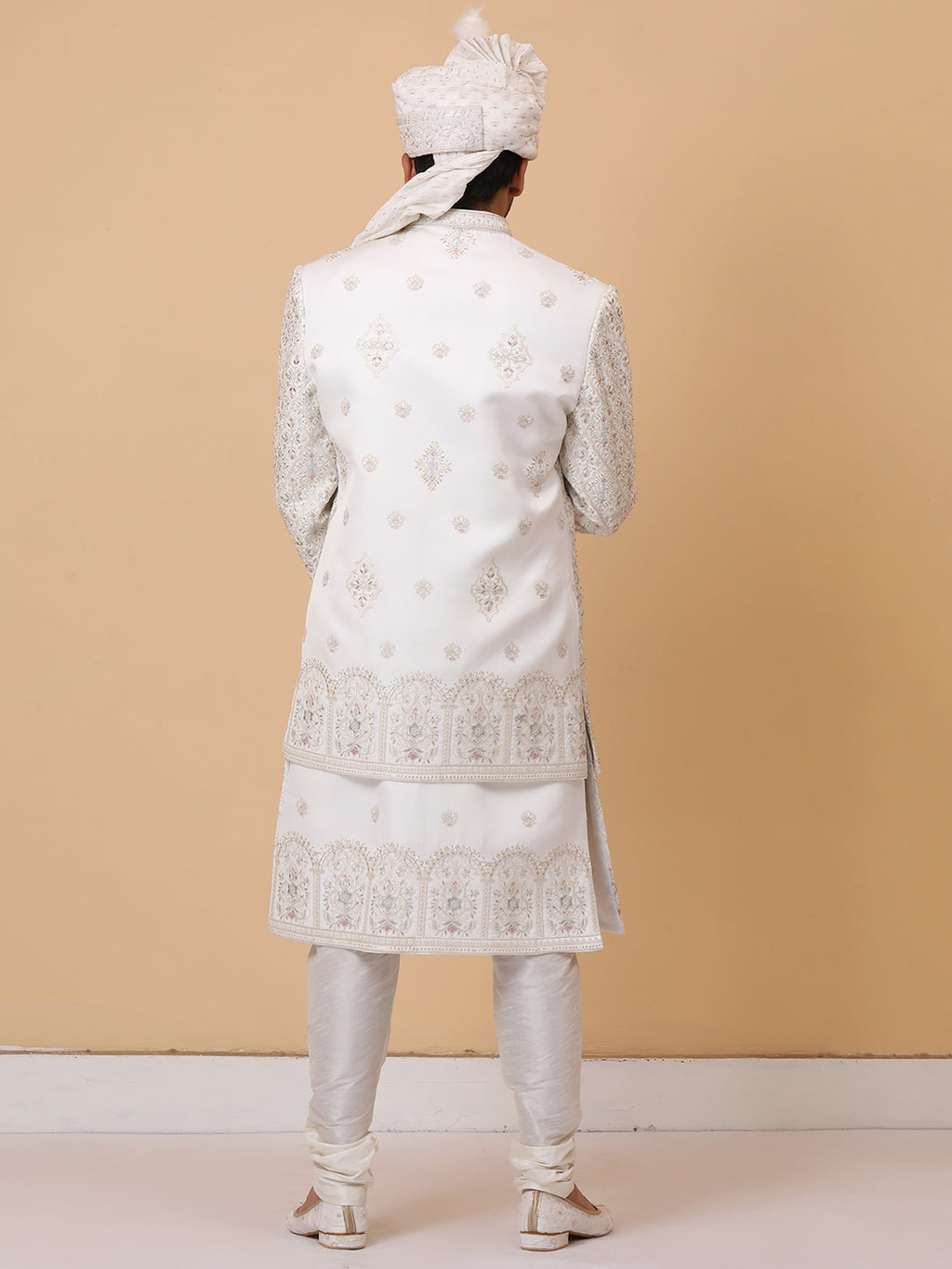 Exquisite Multi Layer Ivory Embellished Groom Sherwani