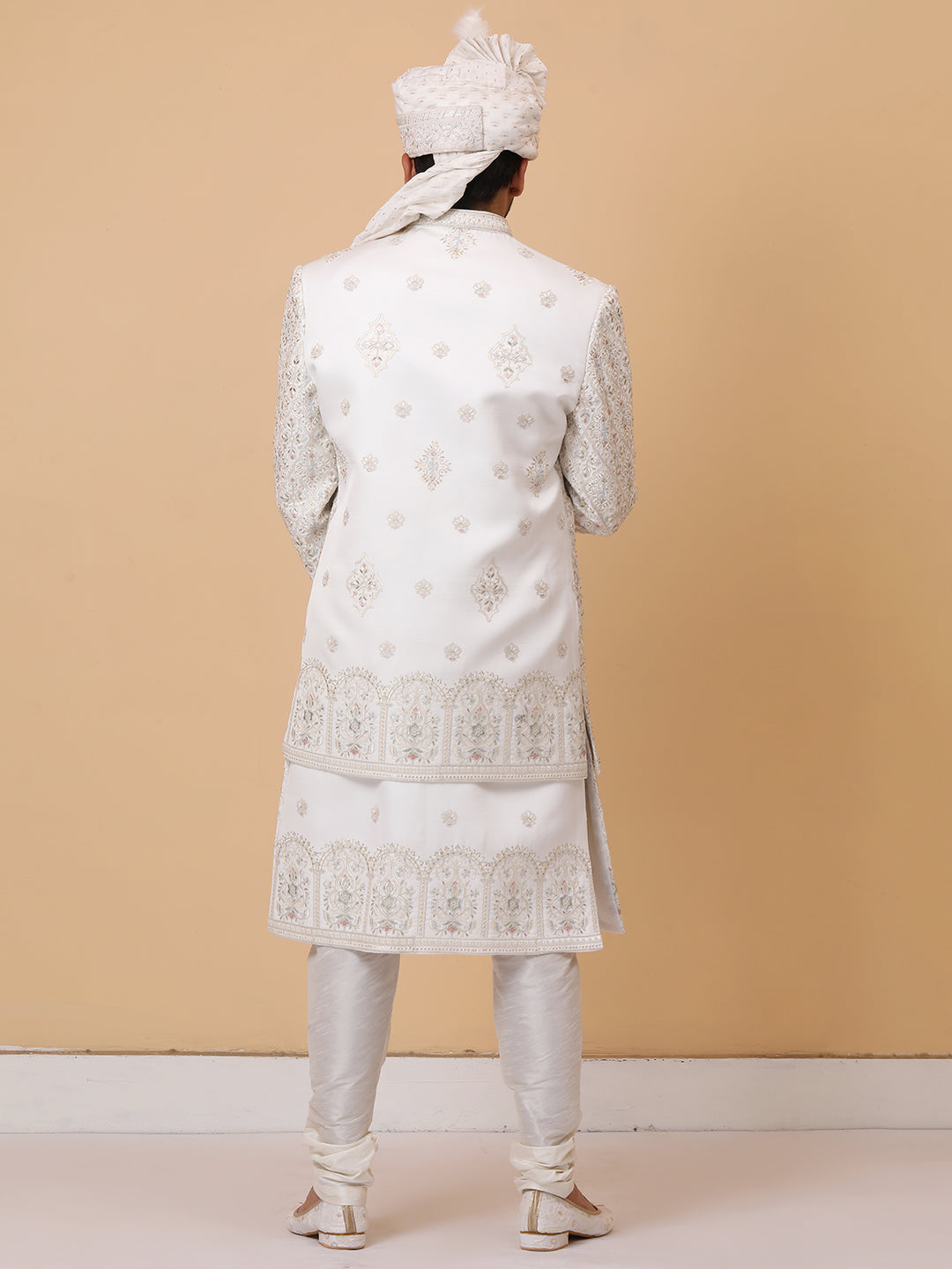 Exquisite Multi Layer Ivory Embellished Groom Sherwani