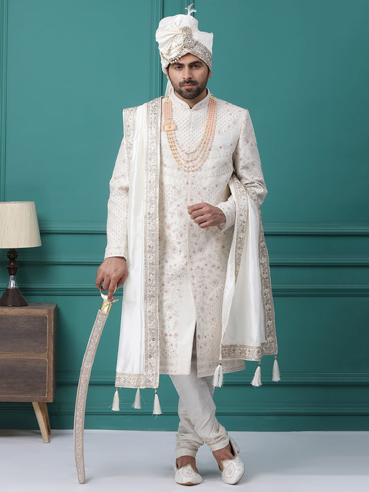 Exquisite Off White Hand Embroideried Groom Sherwani