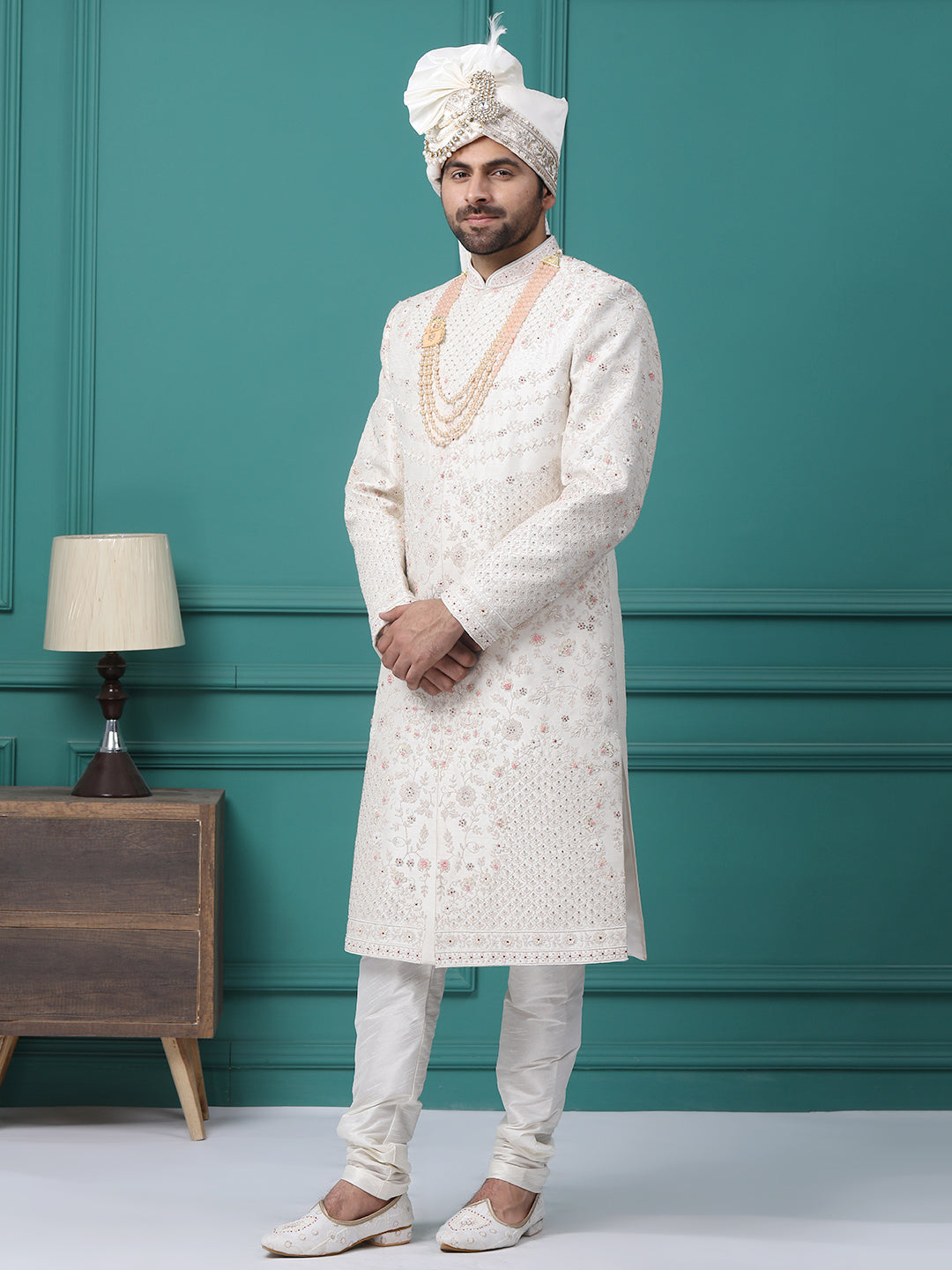 Exquisite Off White Hand Embroideried Groom Sherwani