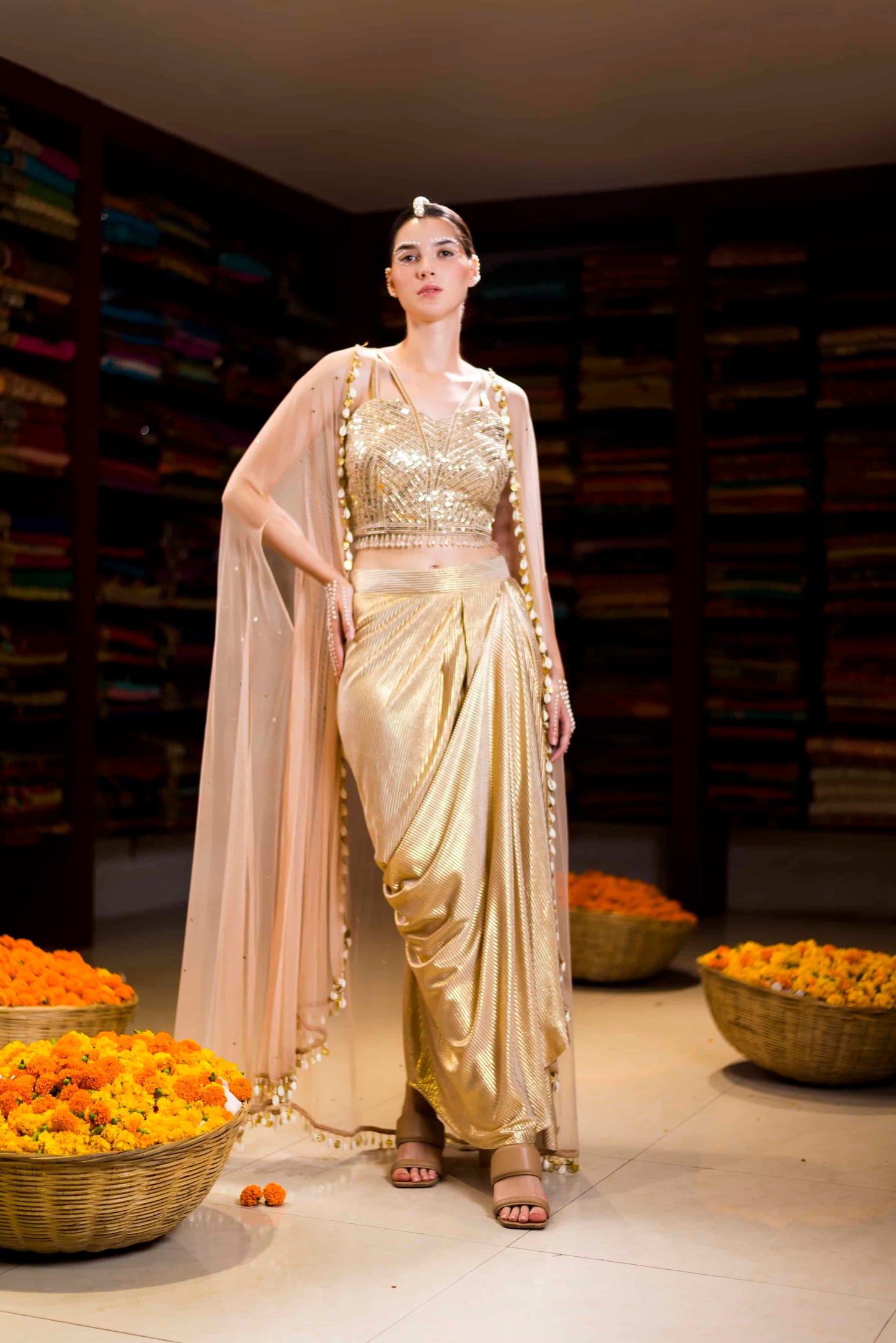 Golden Dhoti Drape Style Indo Western with Handwork Choli