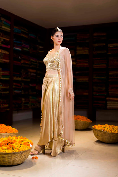 Golden Dhoti Drape Style Indo Western with Handwork Choli