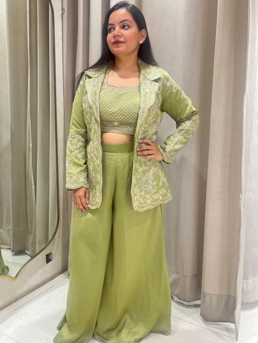 Green Palazzo Crop Top Jacket