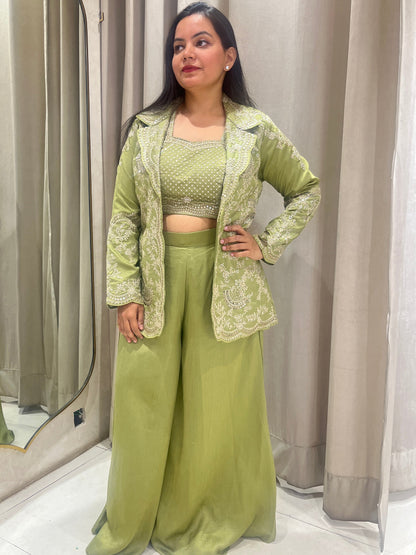 Green Palazzo Crop Top Jacket