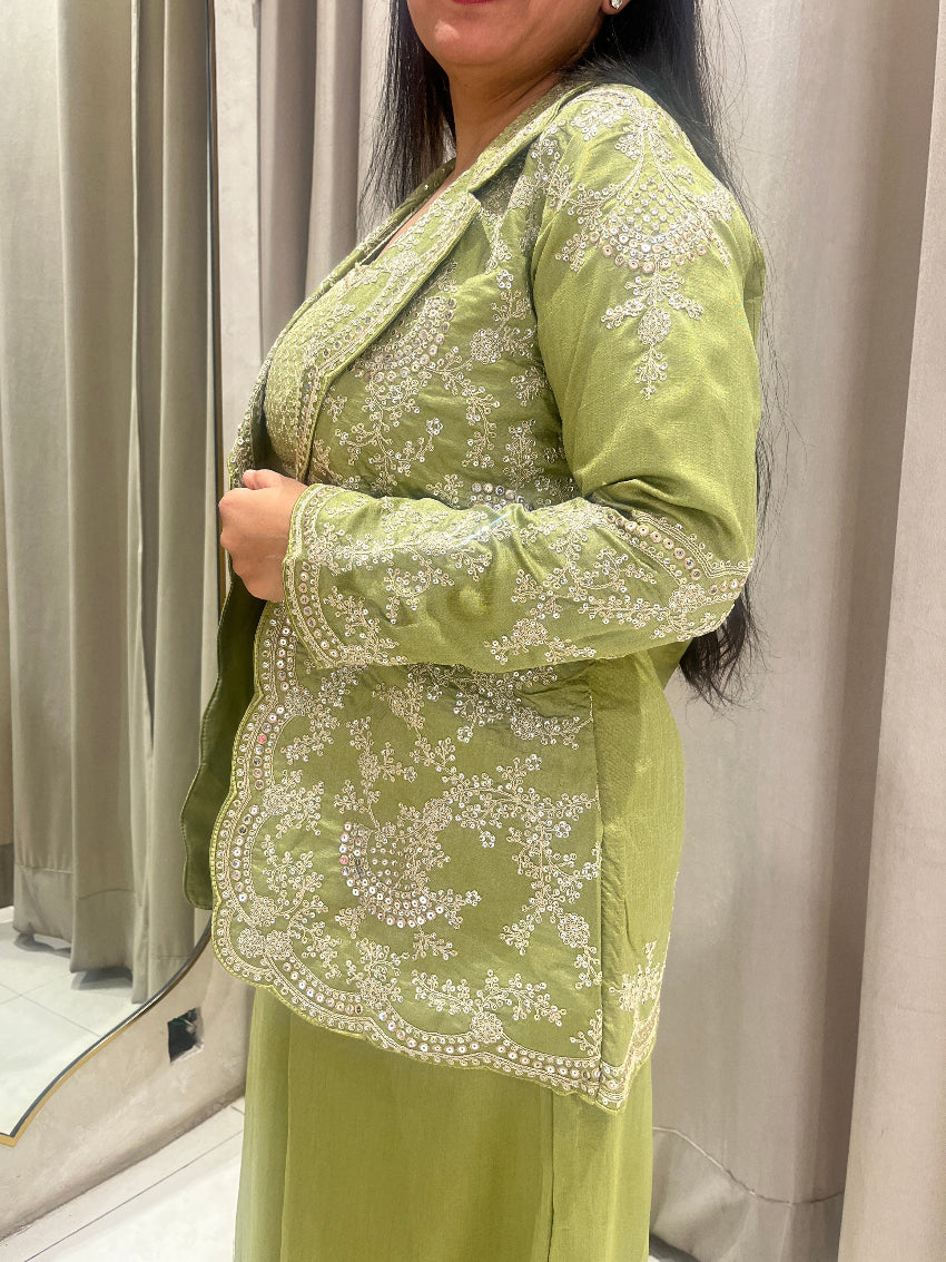 Green Palazzo Crop Top Jacket