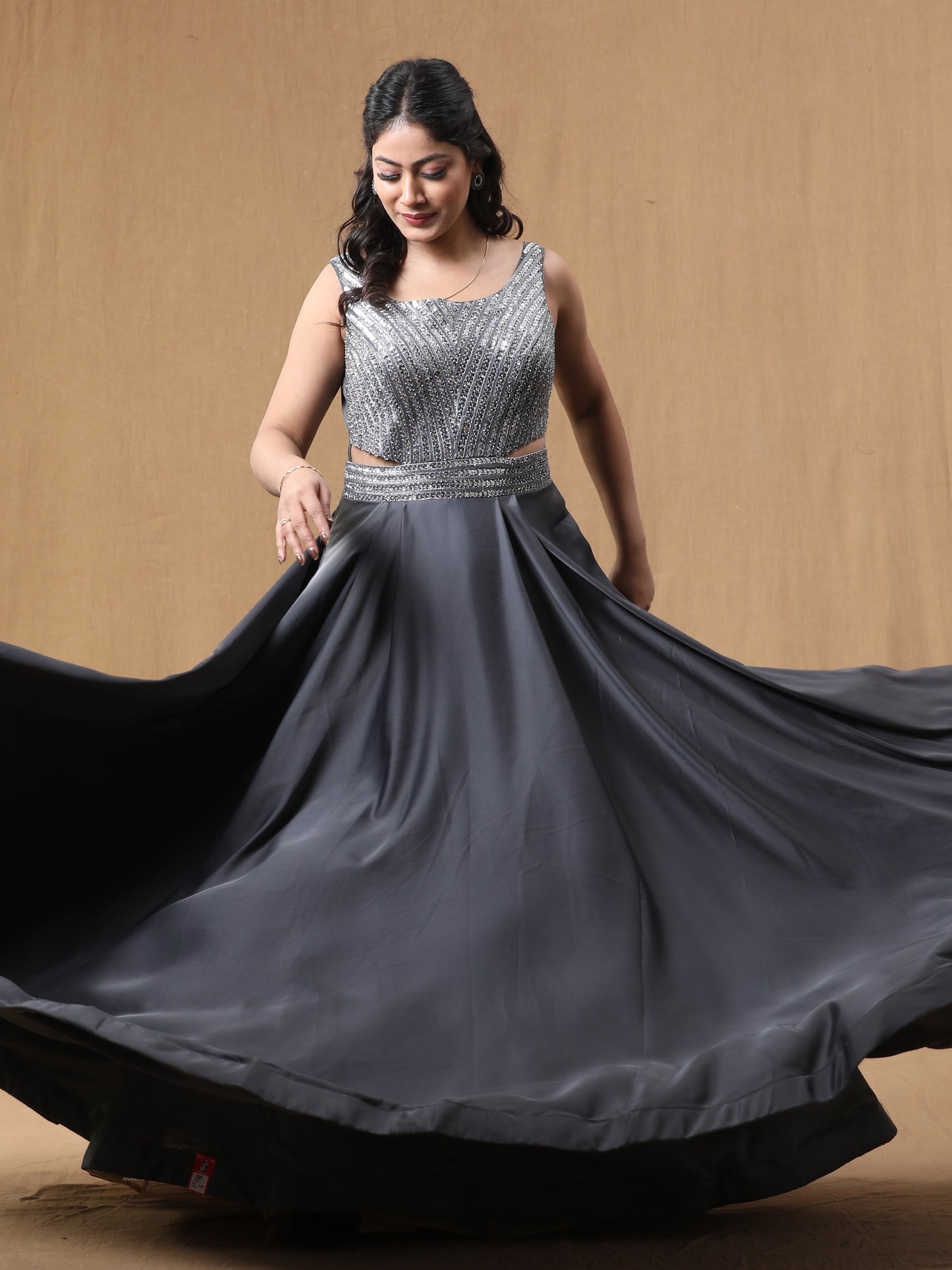 Grey Satin Handwork Dress