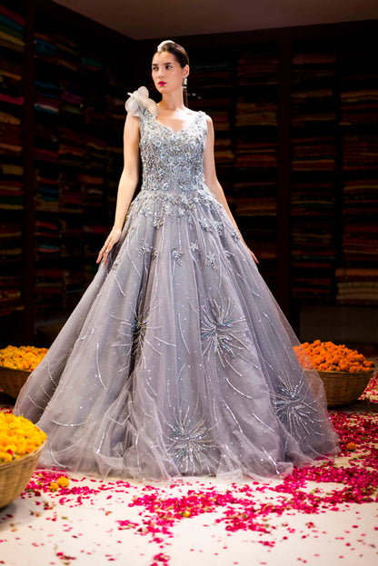 Grey Western Ball Gown with Aplique Handwork Back