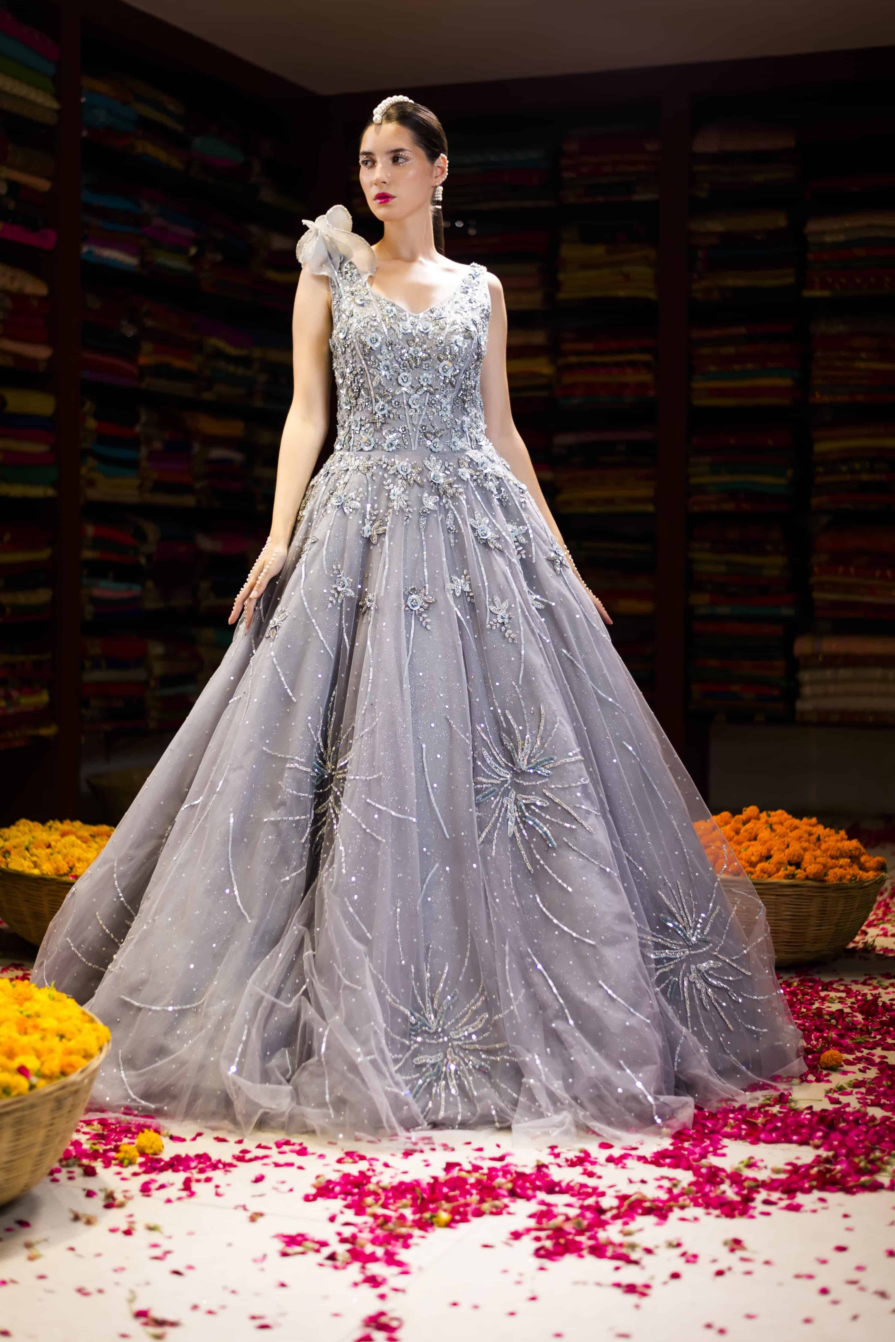 Grey Western Ball Gown with Aplique Handwork Back
