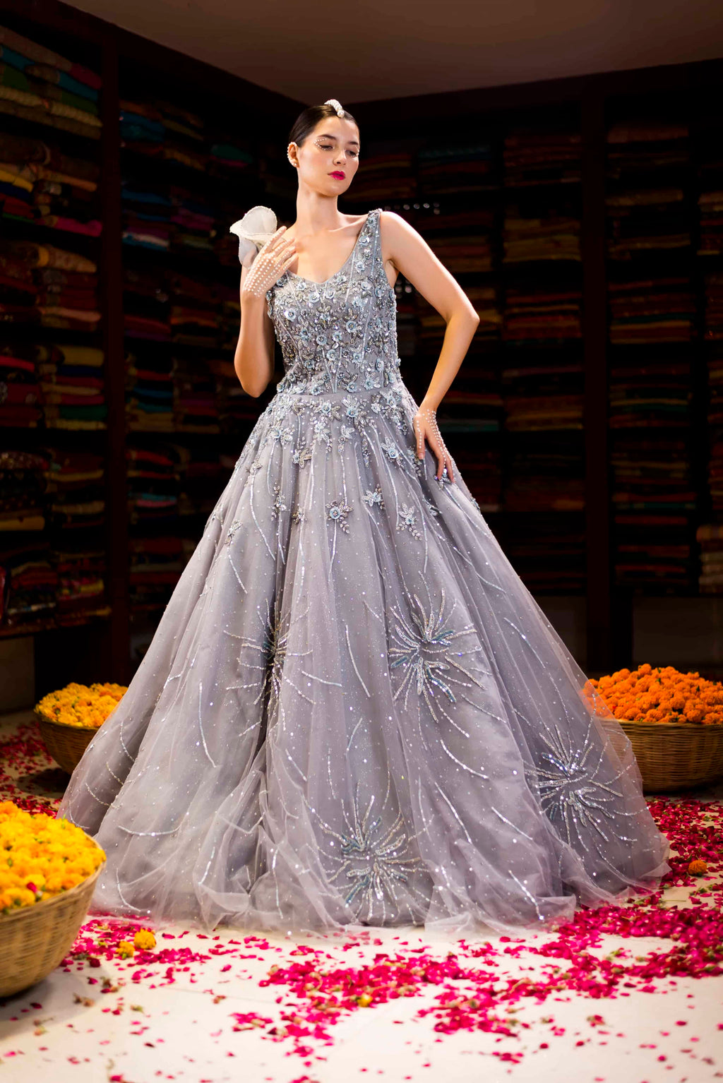 Grey Western Ball Gown with Aplique Handwork Back