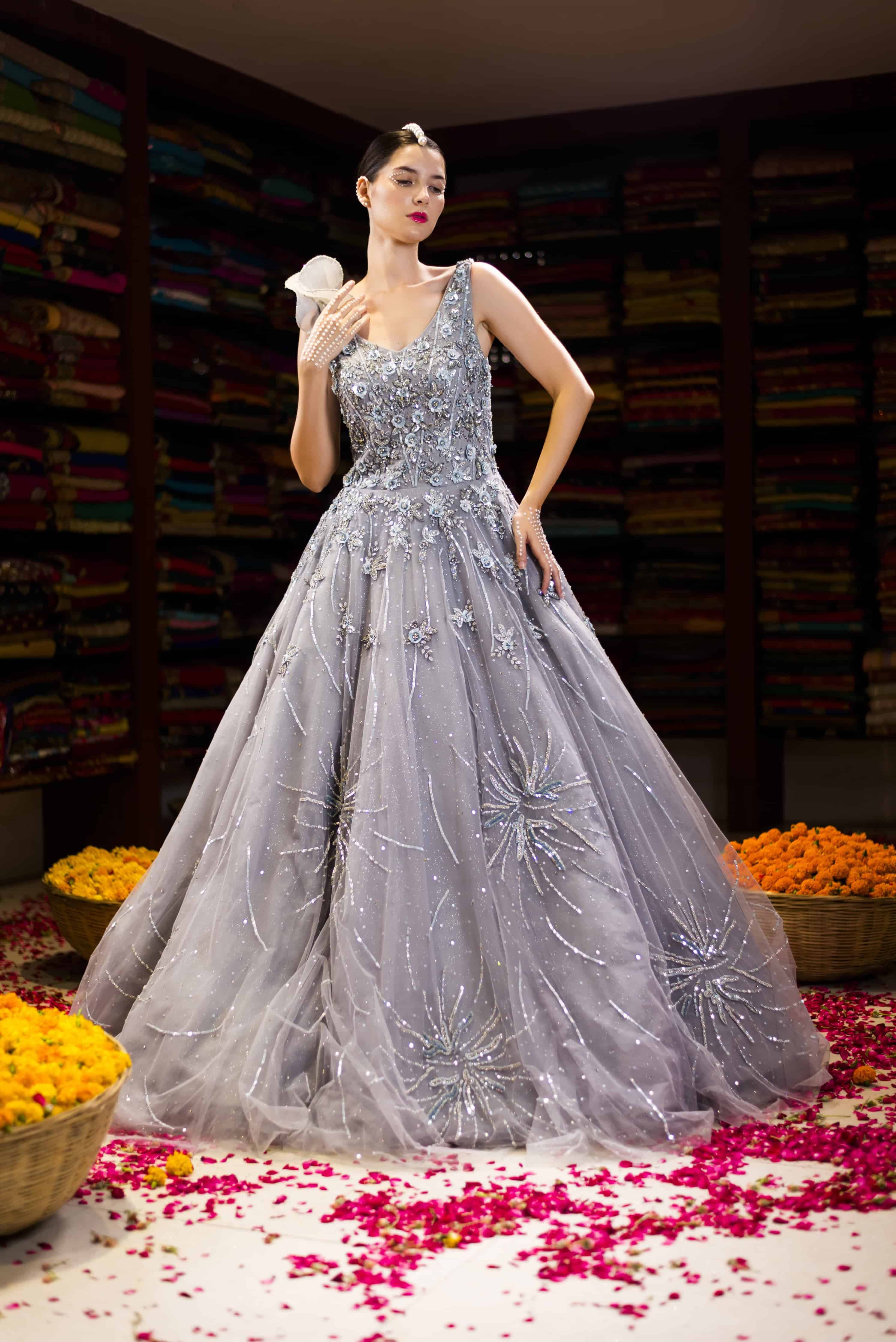 Grey Western Ball Gown with Aplique Handwork Back