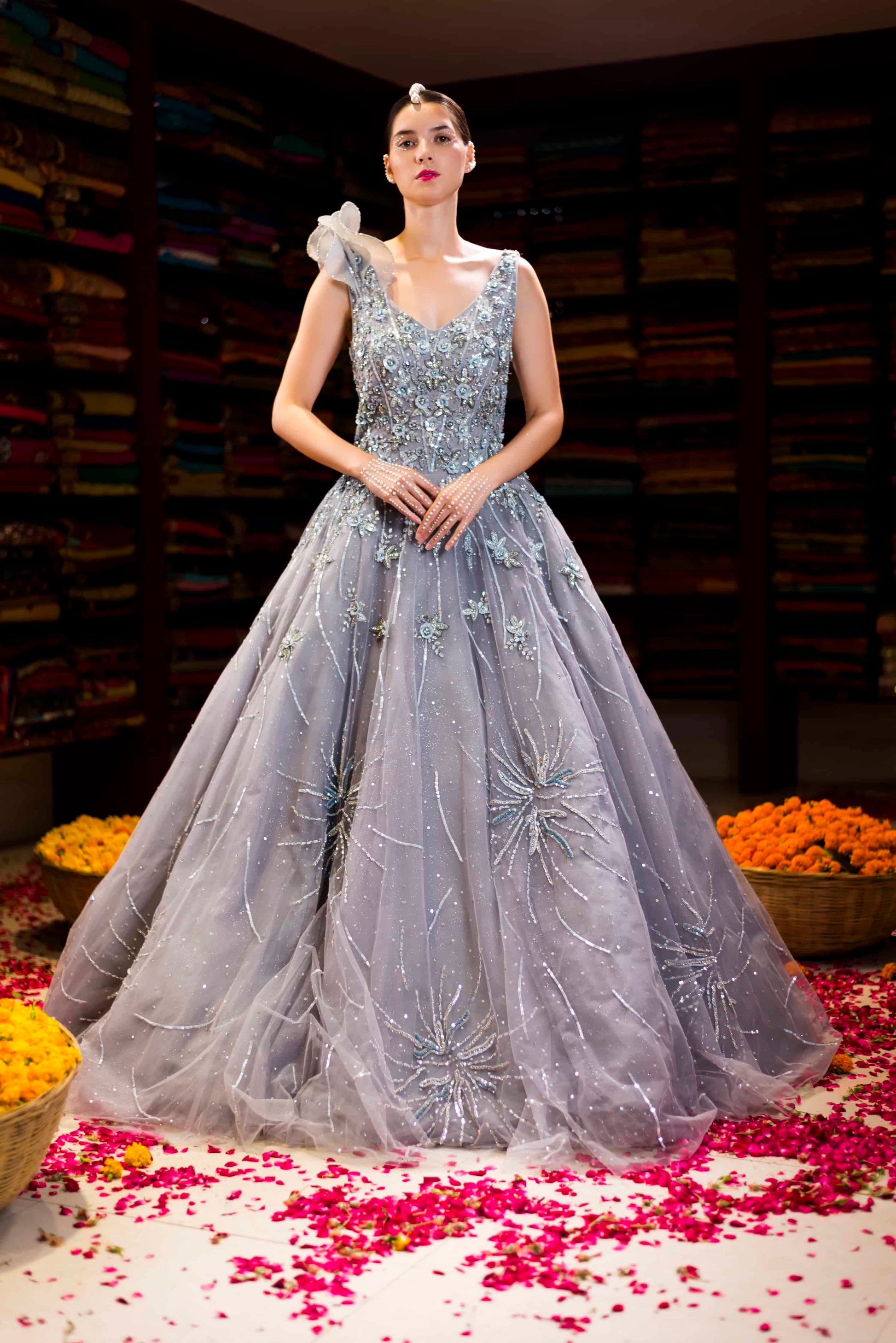 Grey Western Ball Gown with Aplique Handwork Back