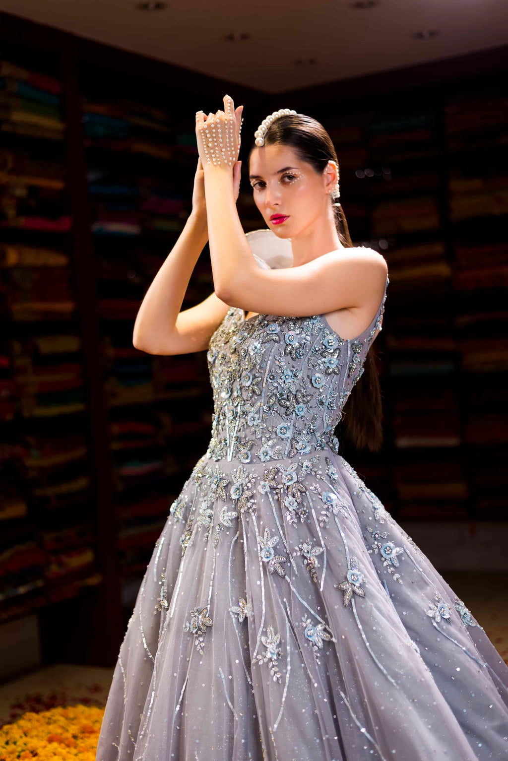 Grey Western Ball Gown with Aplique Handwork Back