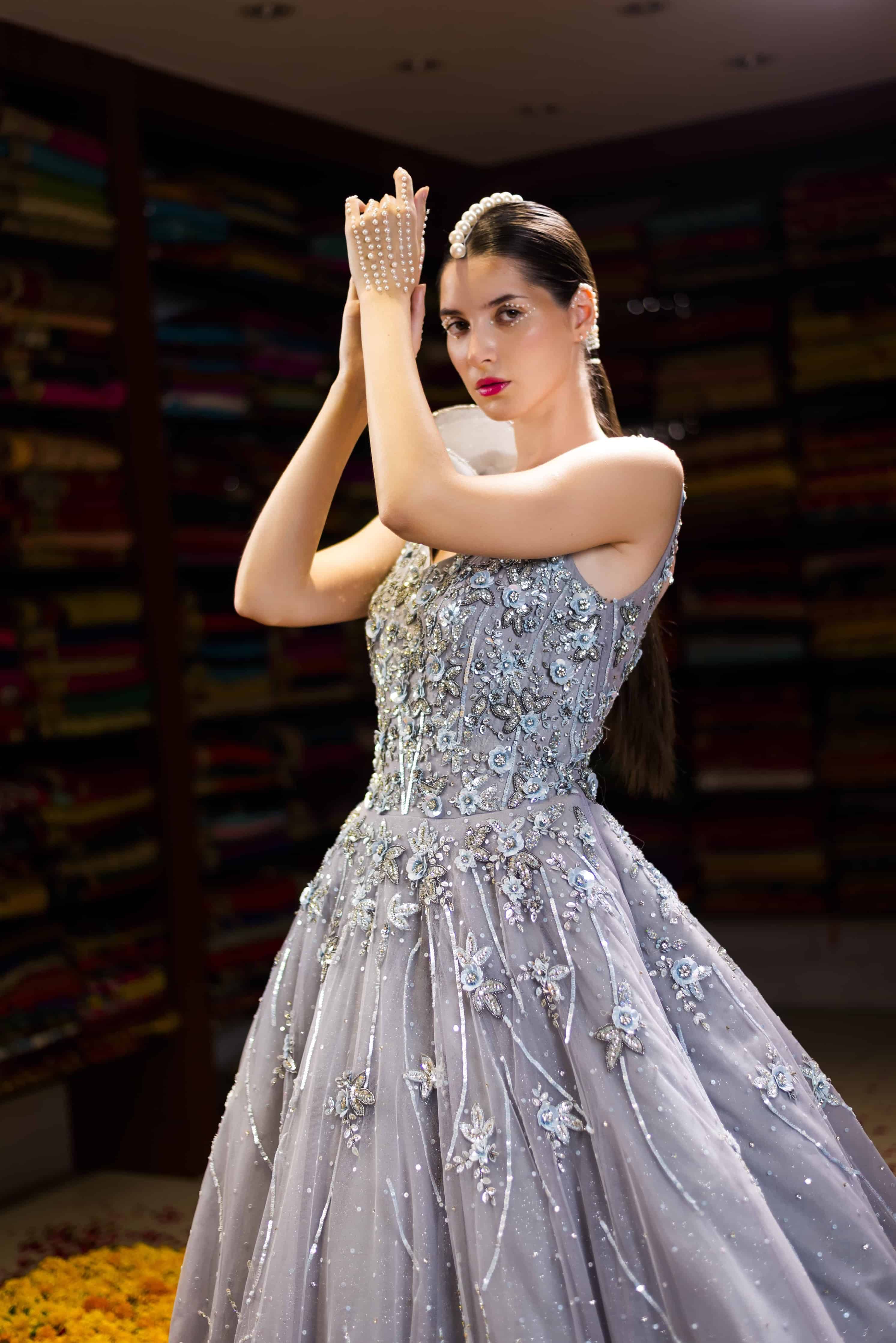 Grey Western Ball Gown with Aplique Handwork Back
