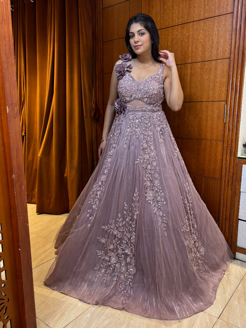 Dusty mauve premium hand-embroidered engagement gown with 3D floral one side shoulder dupatta