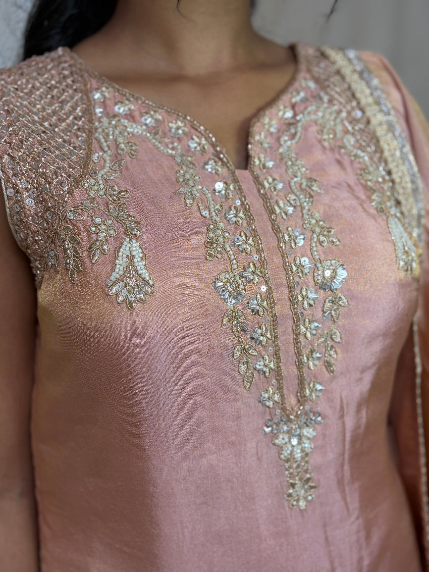 Close-up of a pink blouse with gold embroidery