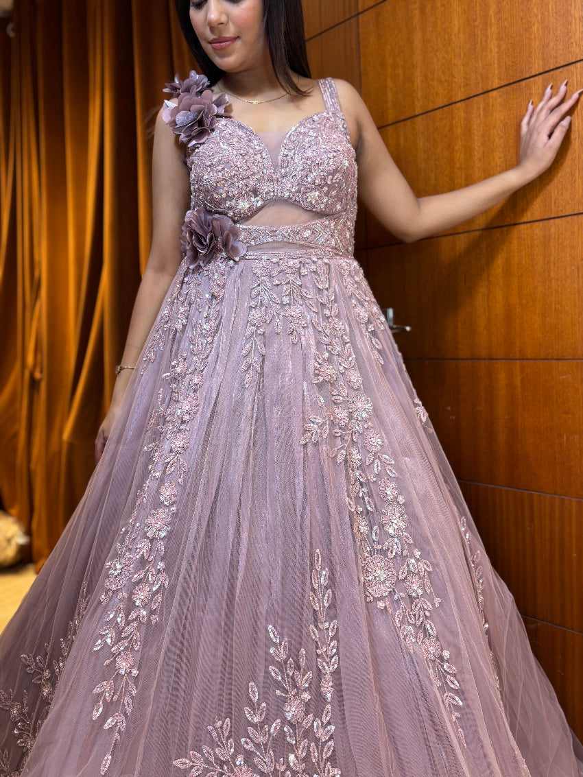 Dusty mauve premium hand-embroidered engagement gown with 3D floral one side shoulder dupatta