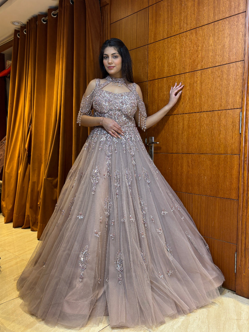 Dusty rose premium hand-embellished tulle gown with cold-shoulder pearl fringe detailing