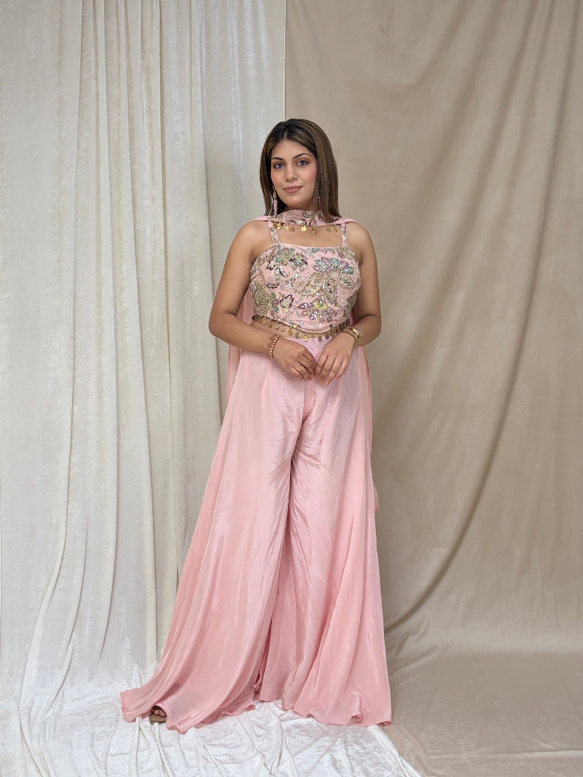 Premium Blush Pink Indo-western Palazzo Set with Intricate Hand Embellished Crop Top and neck line dupatta with coin tassels