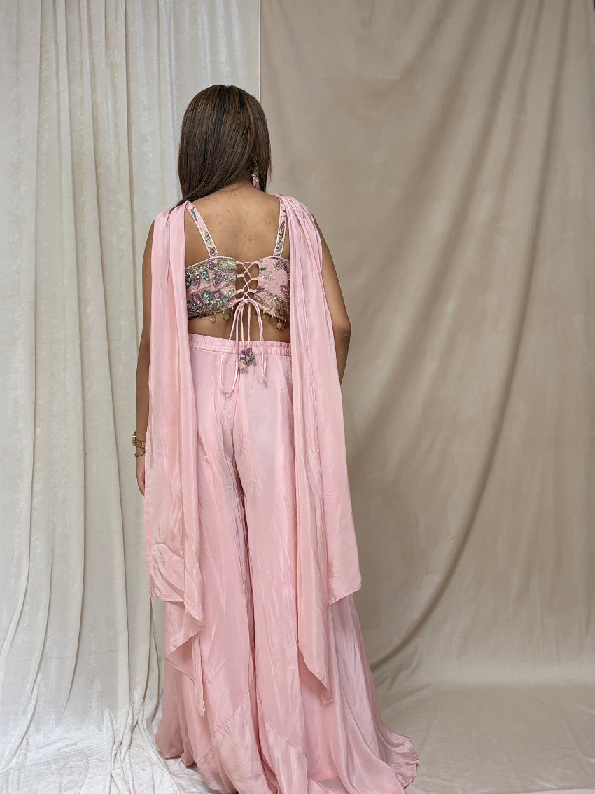 Premium Blush Pink Indo-western Palazzo Set with Intricate Hand Embellished Crop Top and neck line dupatta with coin tassels
