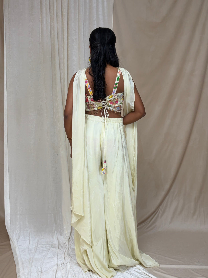 Premium light lemon Indo-western Palazzo Set with Intricate Hand Embellished Crop Top and neck line dupatta with coin tassels