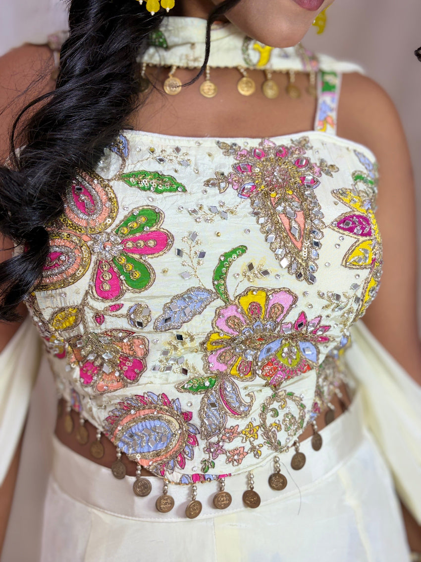 Premium light lemon Indo-western Palazzo Set with Intricate Hand Embellished Crop Top and neck line dupatta with coin tassels