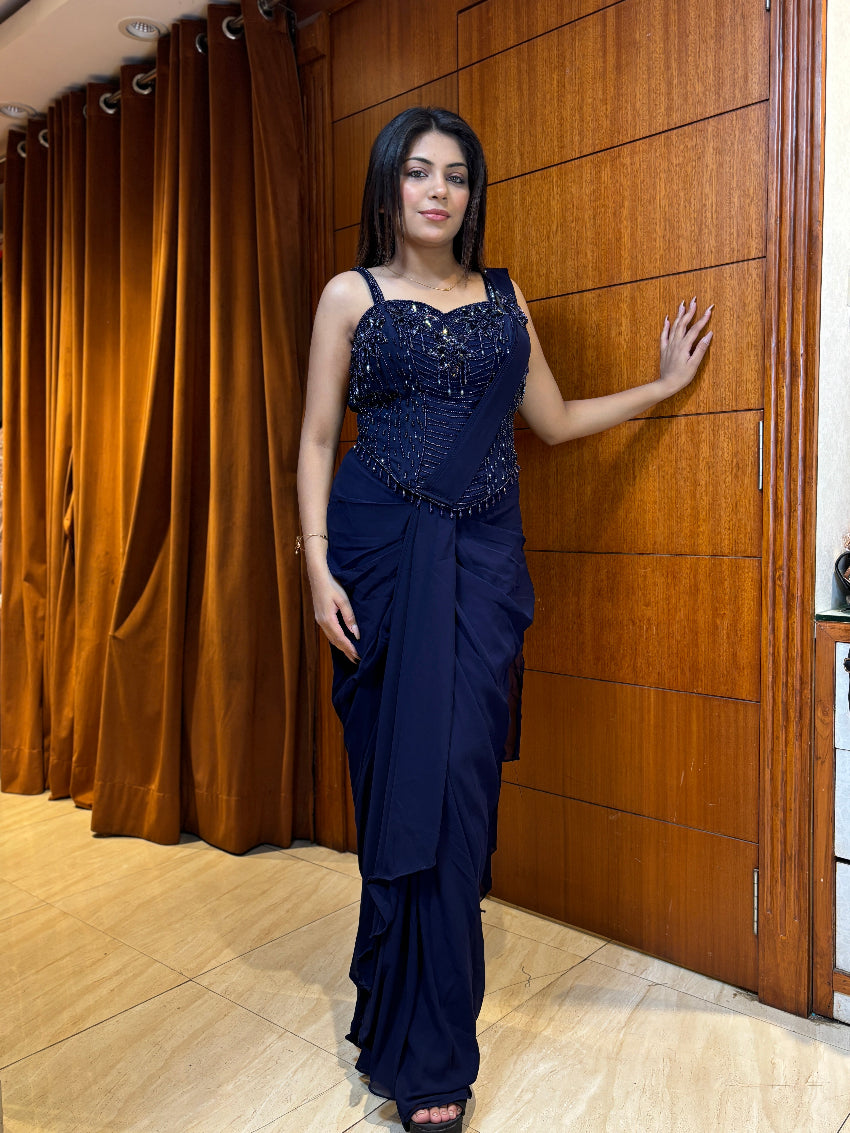 Midnight blue premium embellished dhoti drape saree with corset bodice detailing