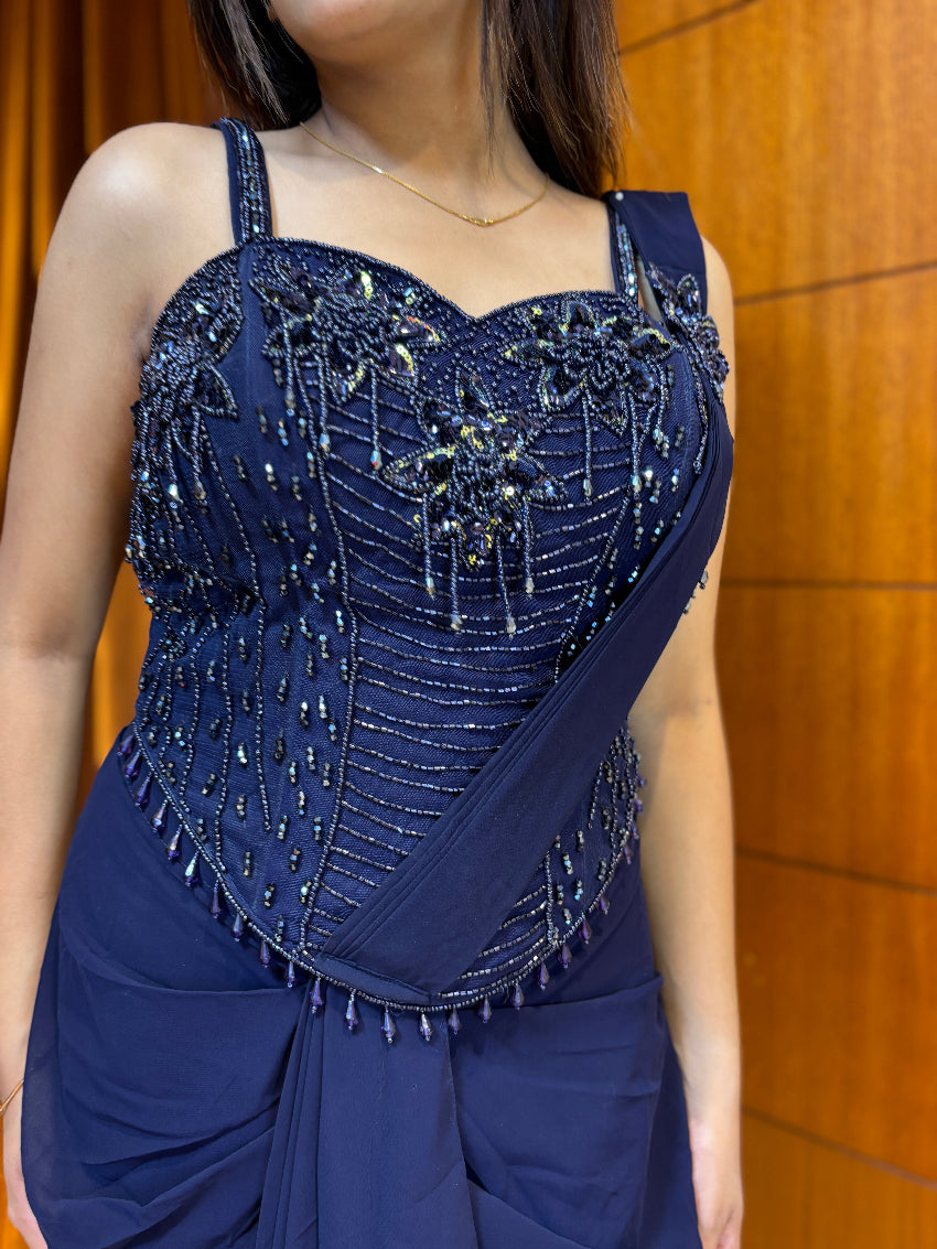 Midnight blue premium embellished dhoti drape saree with corset bodice detailing