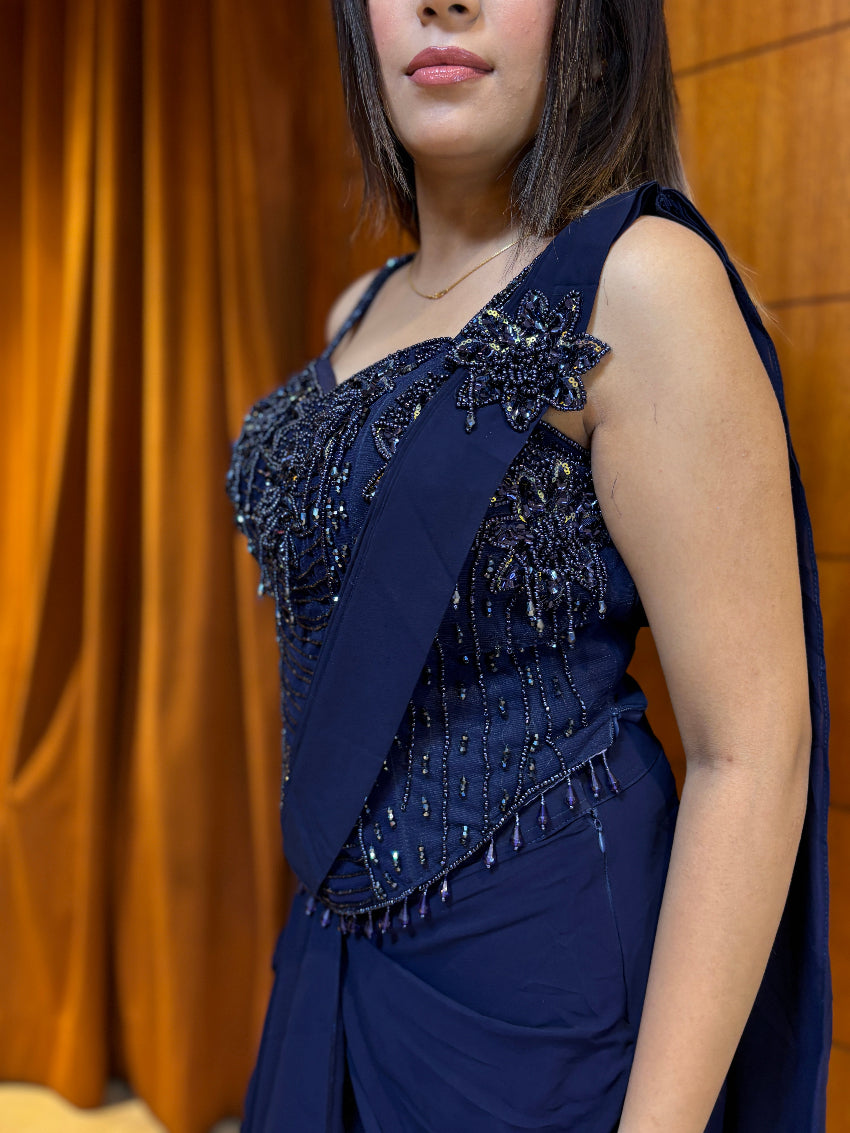 Midnight blue premium embellished dhoti drape saree with corset bodice detailing