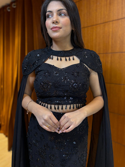 Midnight black embellished fish-cut gown with cape sleeves and bead de  DC  Fashion