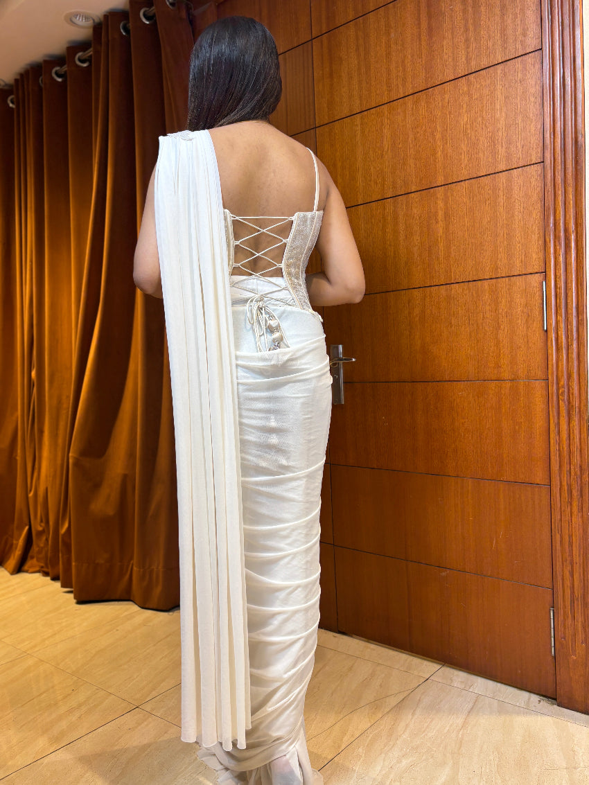 Ivory gold hand embroidered corset drape saree with backless rope tie pattern