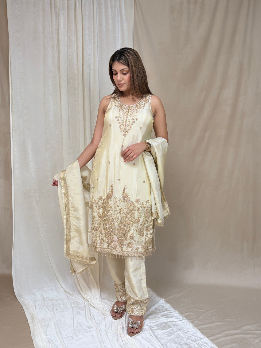 Woman wearing a cream-colored embroidered traditional outfit against a plain background