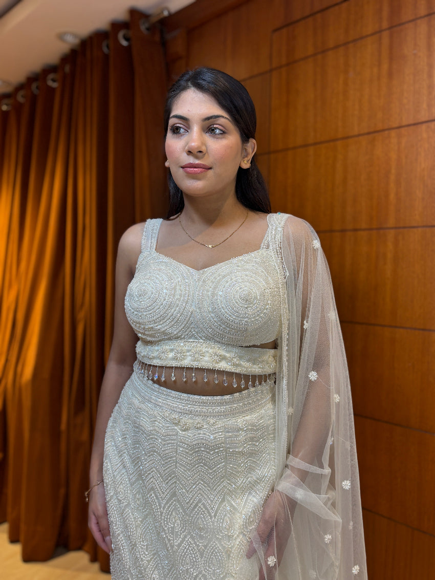 Ivory pearl-embellished fishcut lehenga set with sheer scalloped dupatta