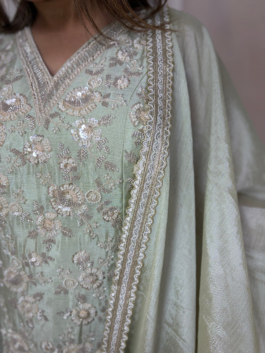 Light green embroidered traditional outfit with white border
