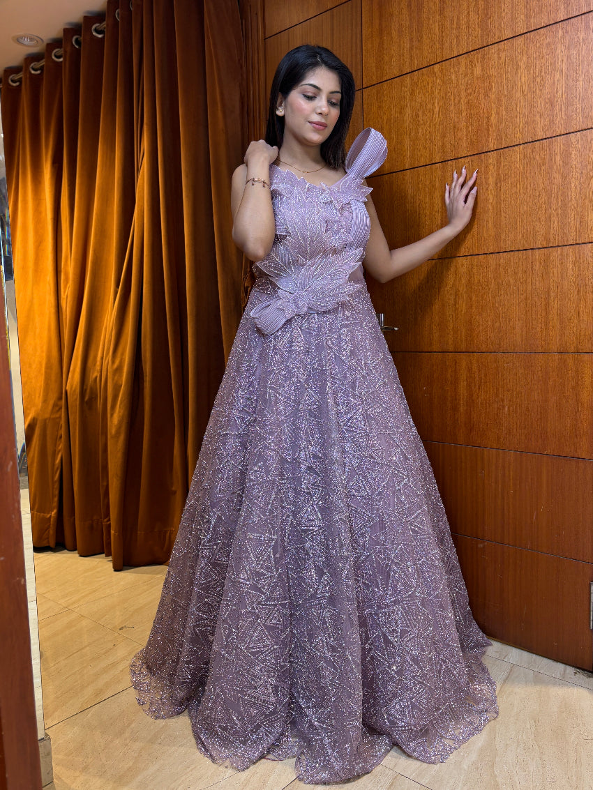 Lilac crystal-embellished gown with 3D leaves pattern and pleated shoulder detailing