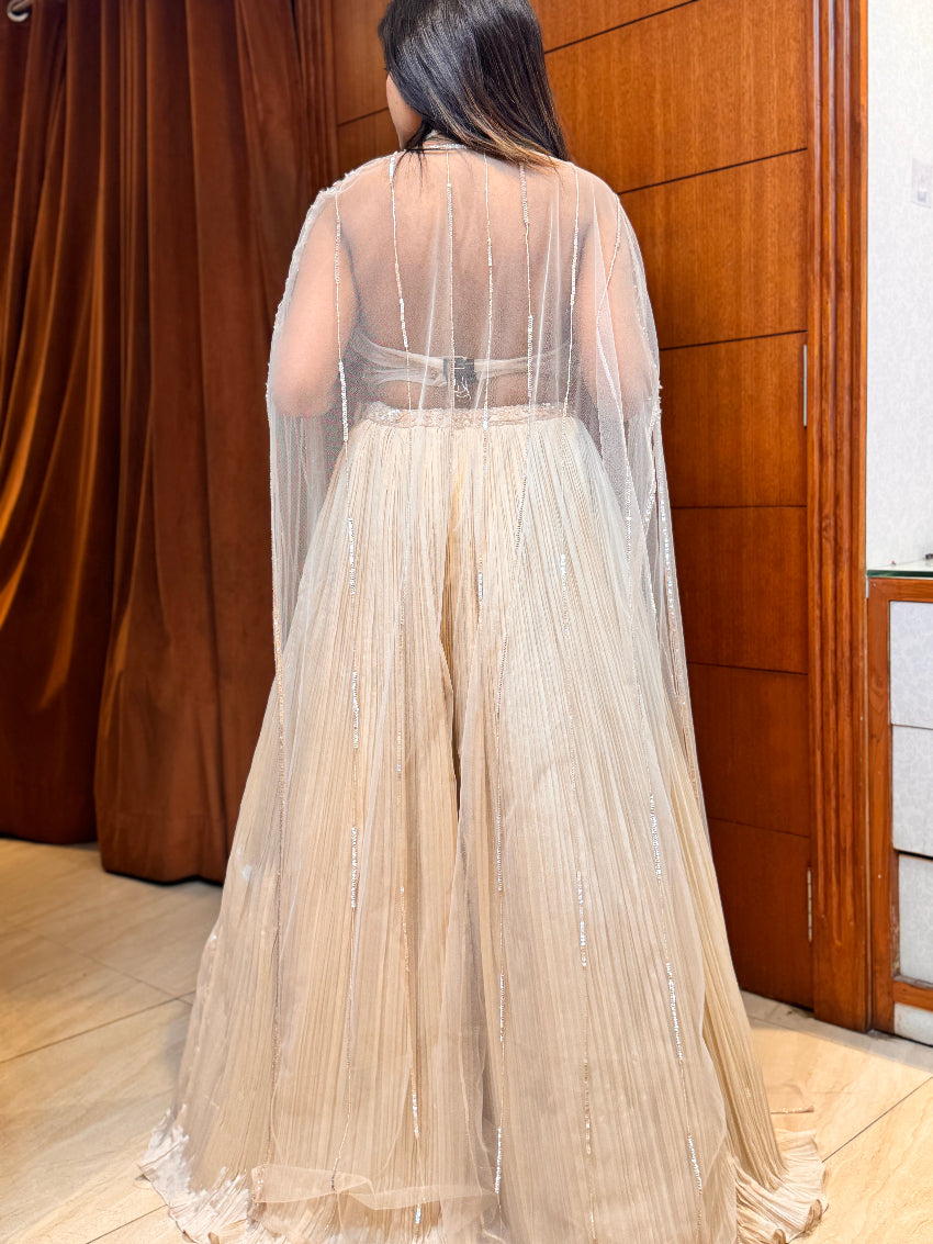 Woman wearing a sheer beige dress with a wooden panel background