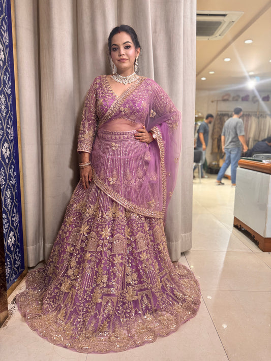 Lilac premium lehenga with hand embroidery on the blouse and bottom