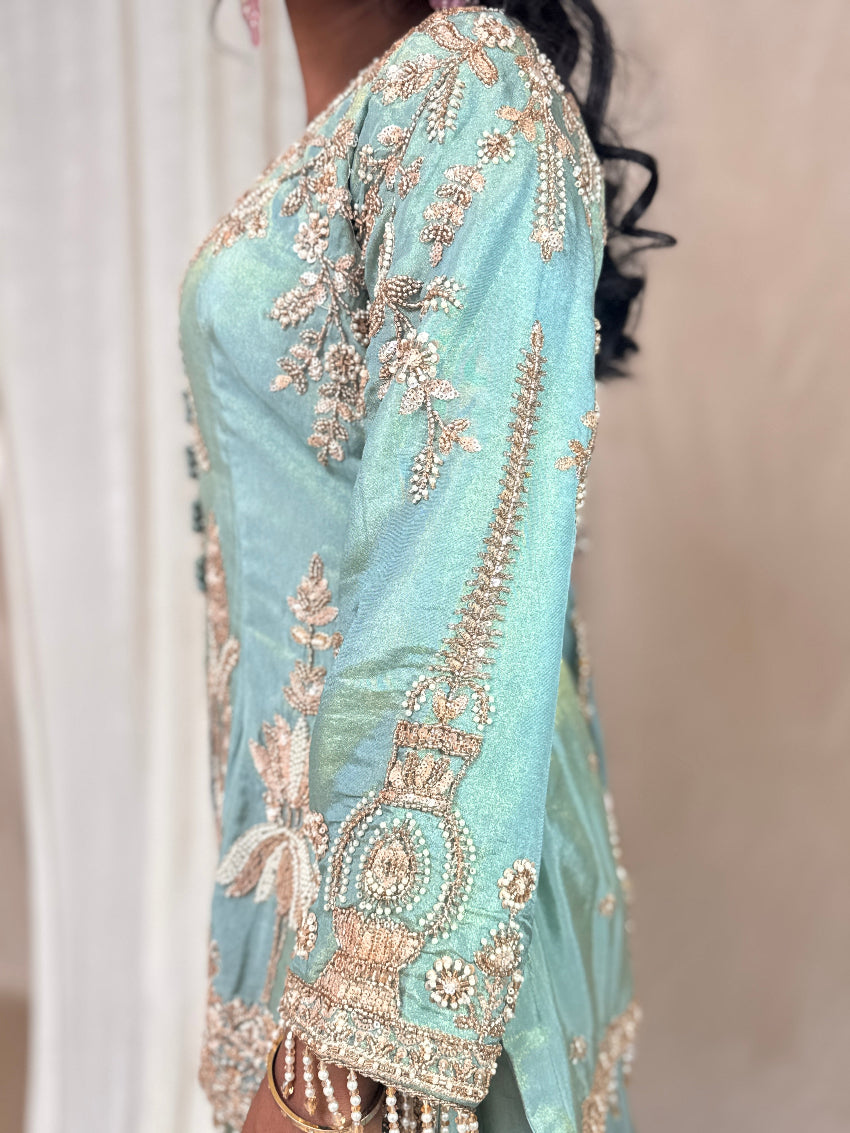 Light blue saree with intricate gold embroidery and embellishments.