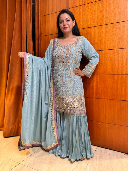 Woman wearing a light blue embroidered traditional outfit with a matching dupatta against a wooden paneled wall.