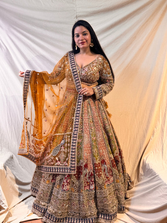 Woman in a traditional embroidered outfit with a white draped background