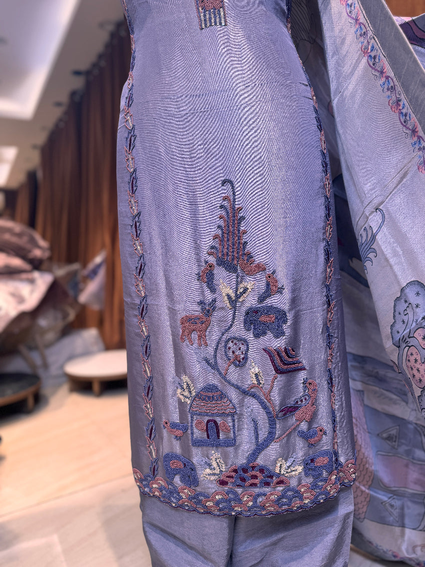 Greyish blue multi color hand work suit with animal printed dupatta