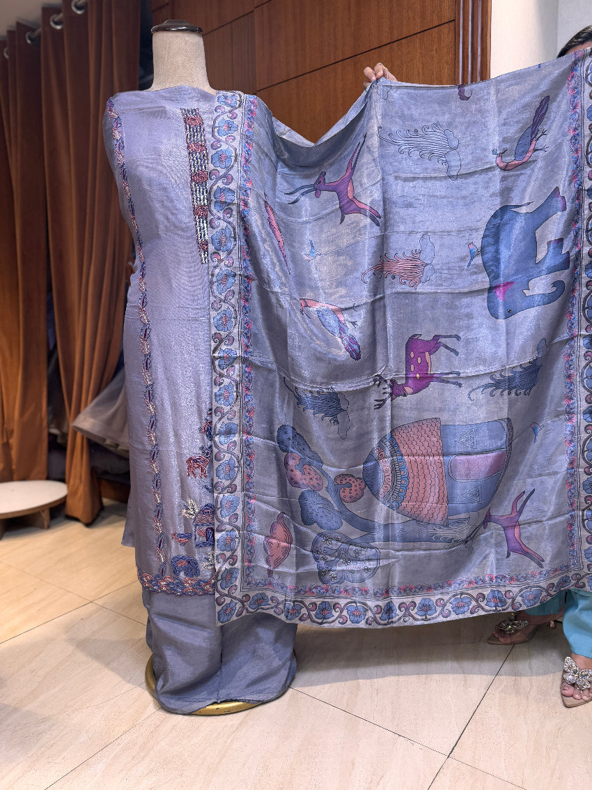 Greyish blue multi color hand work suit with animal printed dupatta