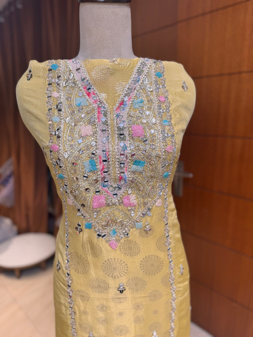 Lemon premium Banarasi silk unstitched suit with gota work detailing