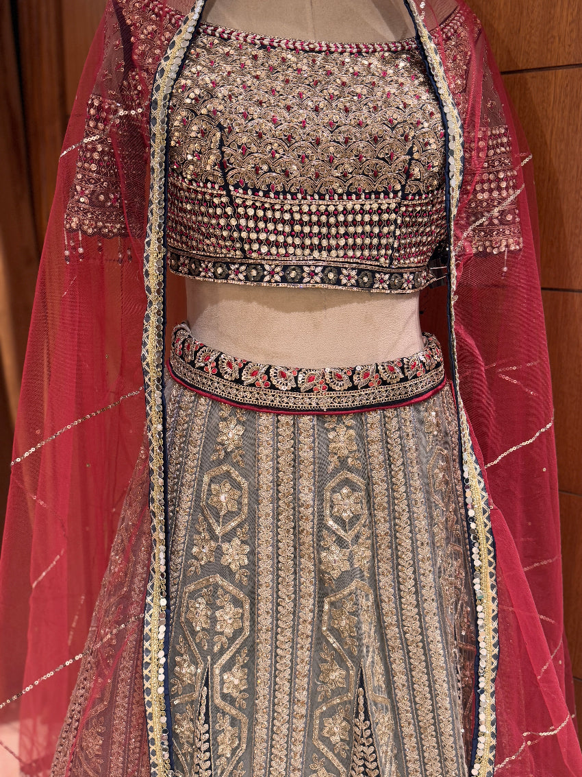 Maroon and grey Heavy Embroidered Designer Lehenga Set
