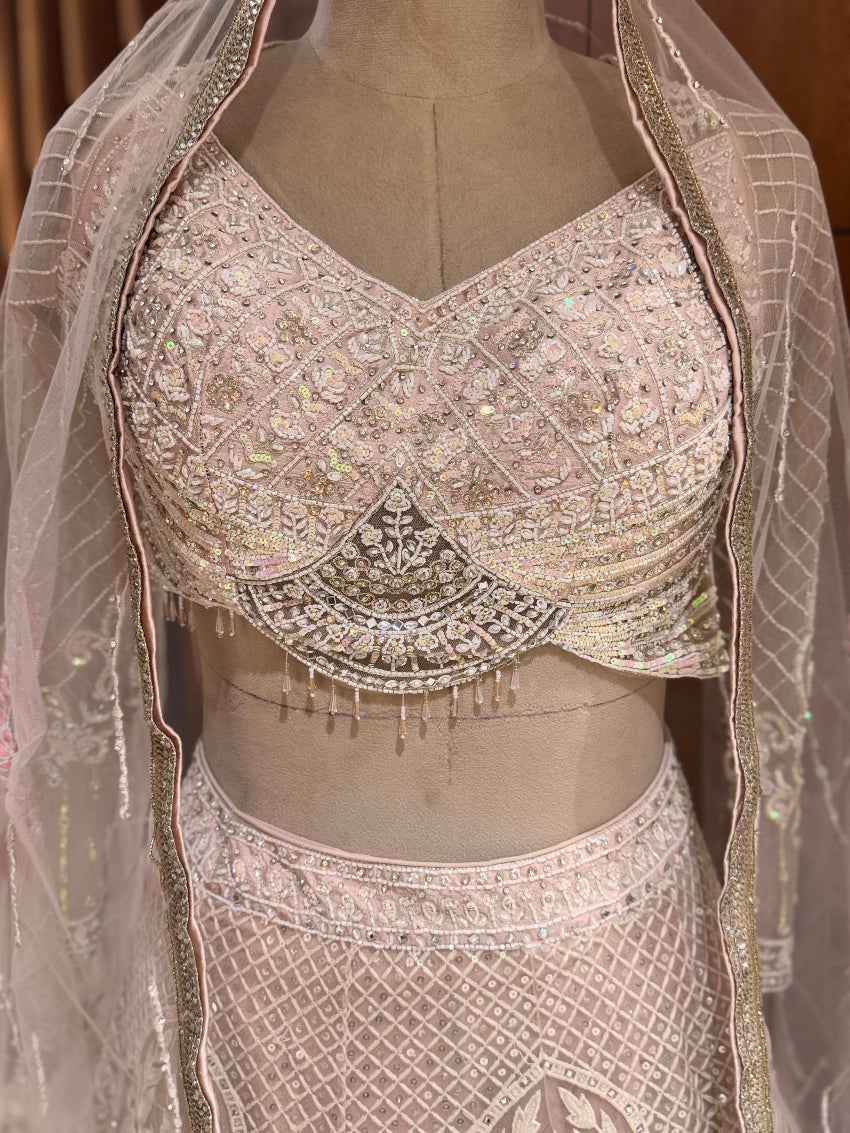 Blush Ivory Embroidered Lehenga with Mirror Work Blouse