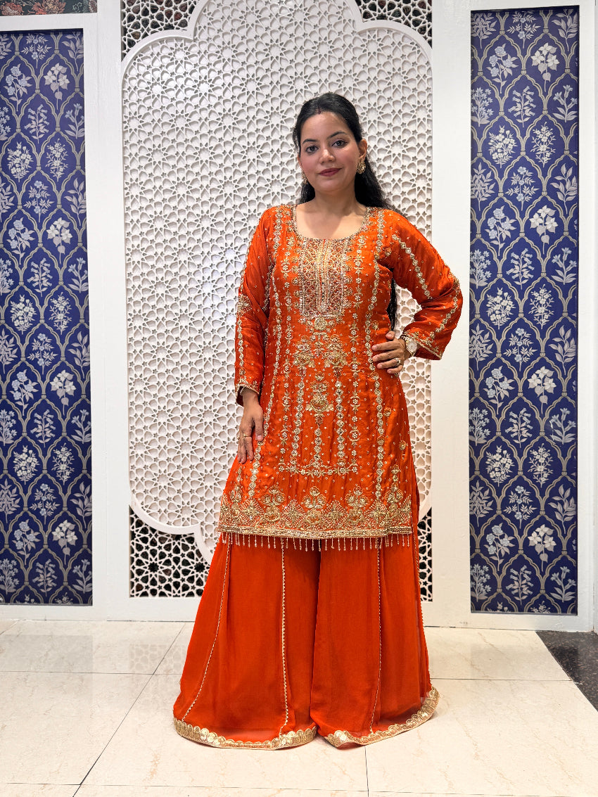 Rust Orange Heavy Embroidered Palazzo Suit with Dupatta