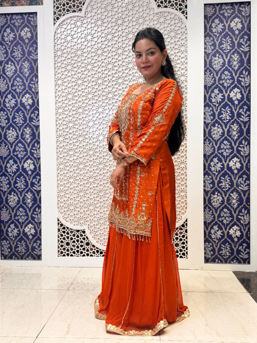 Rust Orange Heavy Embroidered Palazzo Suit with Dupatta