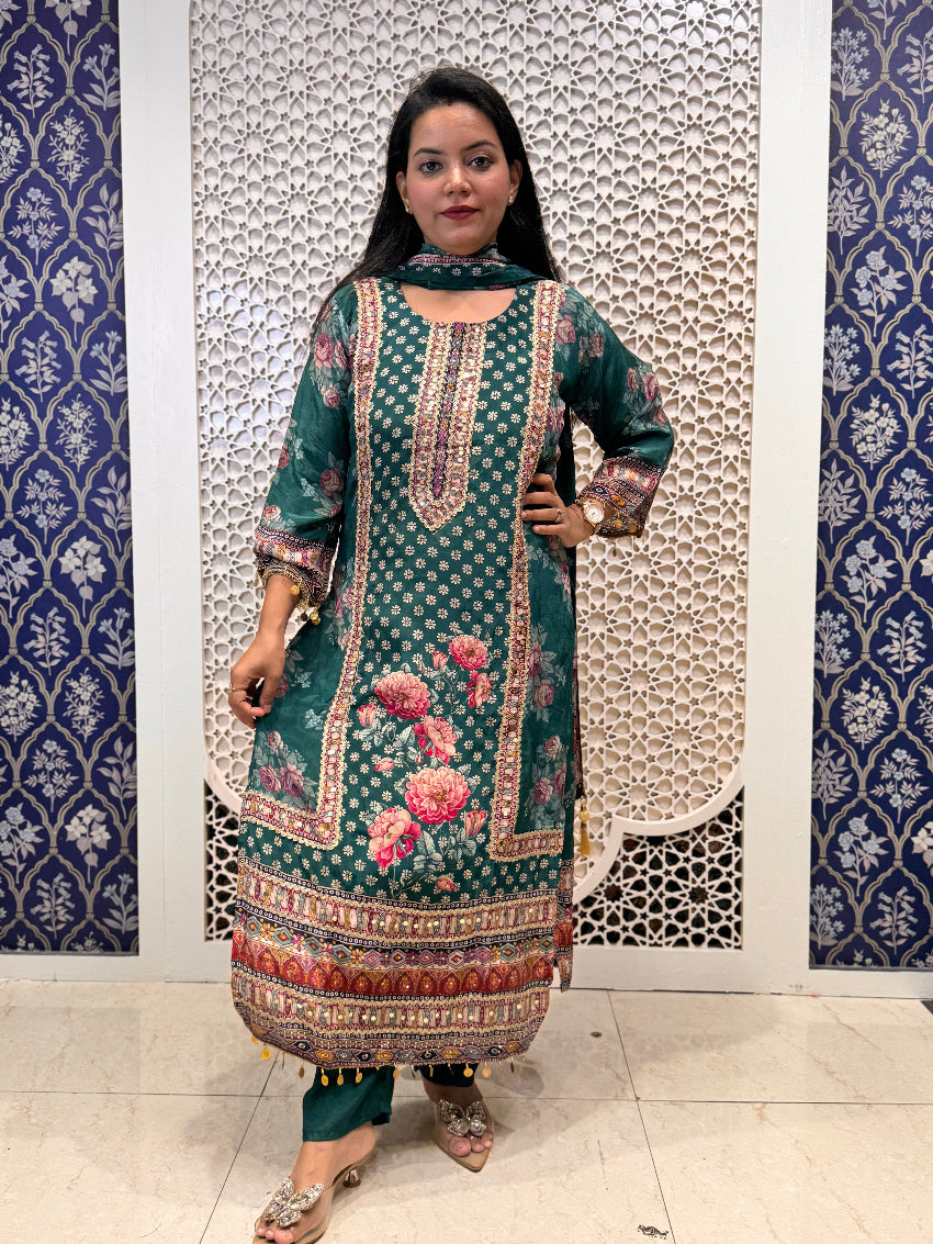 Woman wearing a traditional outfit with floral patterns in a decorative setting