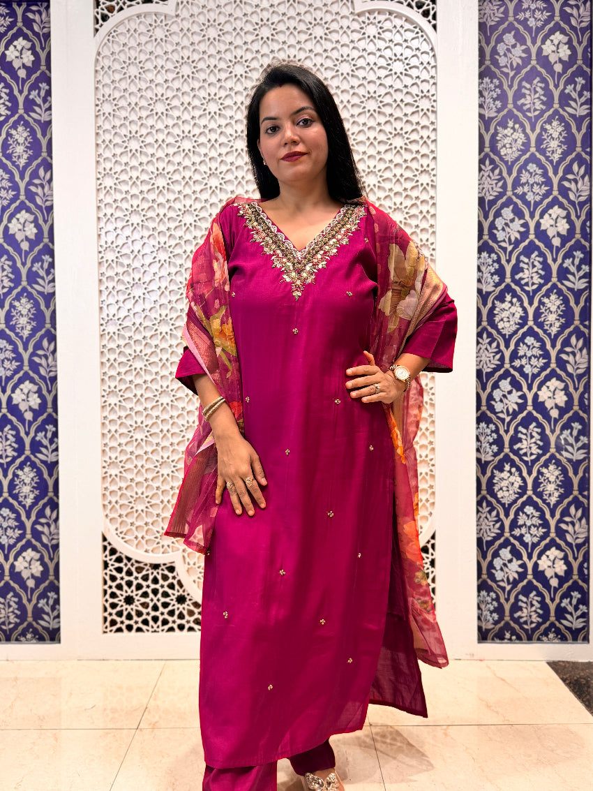 Wine Roman silk suit with hand embroidered neck and floral dupatta